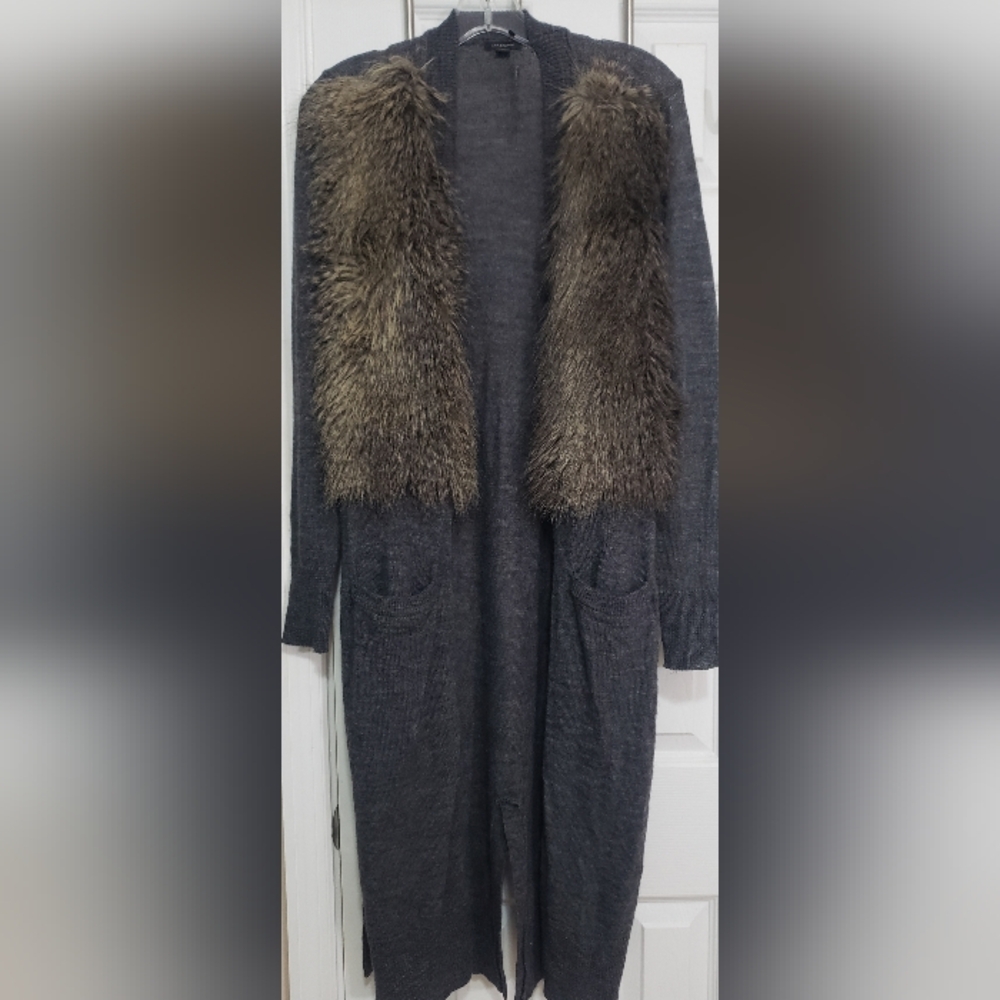 Ann Taylor Charcoal Cardigan with Faux Fur Trim Size M